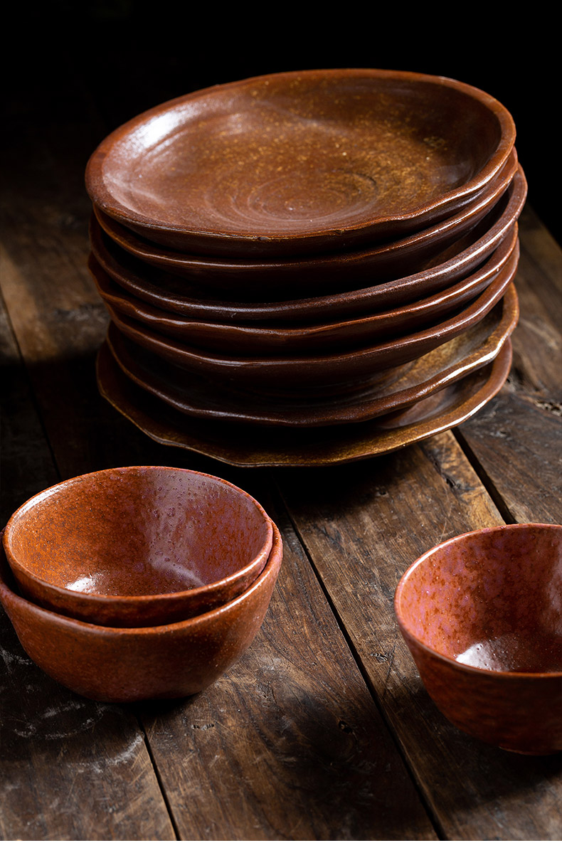 日式复古粗陶碗盘景德镇窑变家用餐具手工创意菜盘单个彩色饭碗