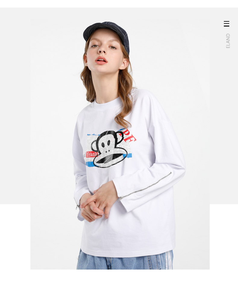 paulfrank大嘴猴春秋季新款长袖t恤女白色宽松印花韩版时尚白色m