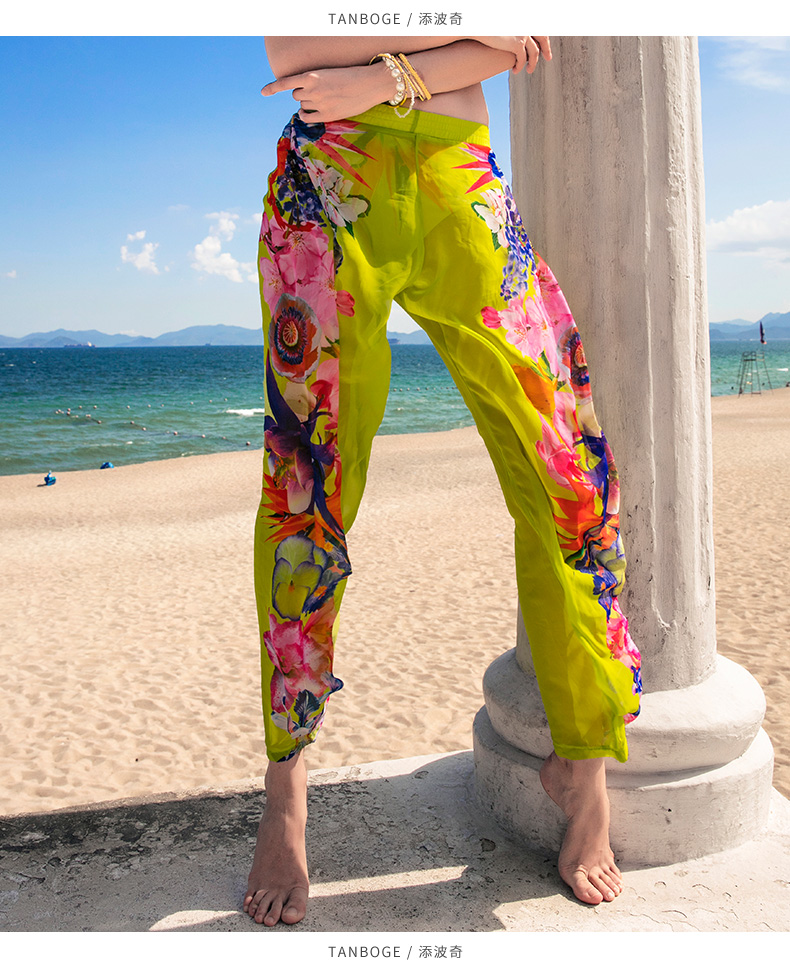 海边沙滩裤女长裤雪纺宽松夏季度假高腰薄款时尚休闲花裤子速 花卉 l
