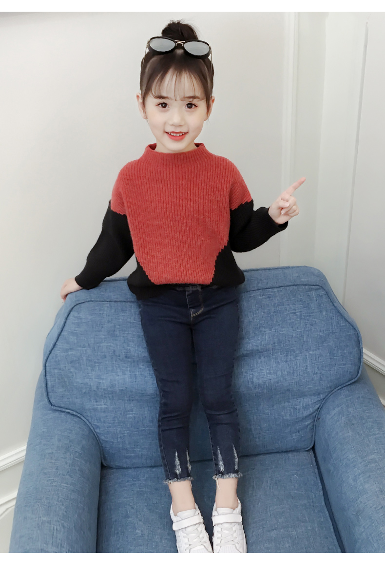女童毛衣秋装2019春秋新款儿童中大童洋气上衣儿童拼色长袖针织衫