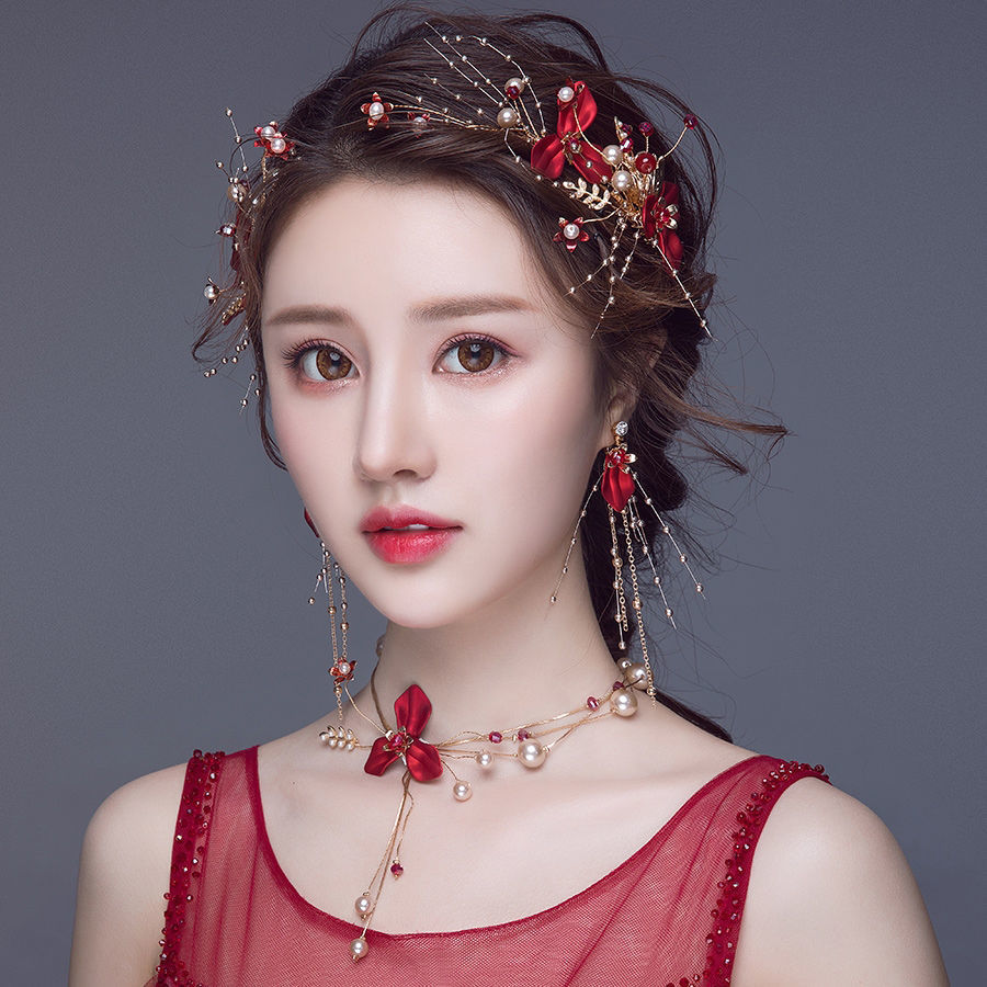 新款新娘头饰韩式森系发带红色发饰仙美发箍敬酒礼服结婚饰品套装 带