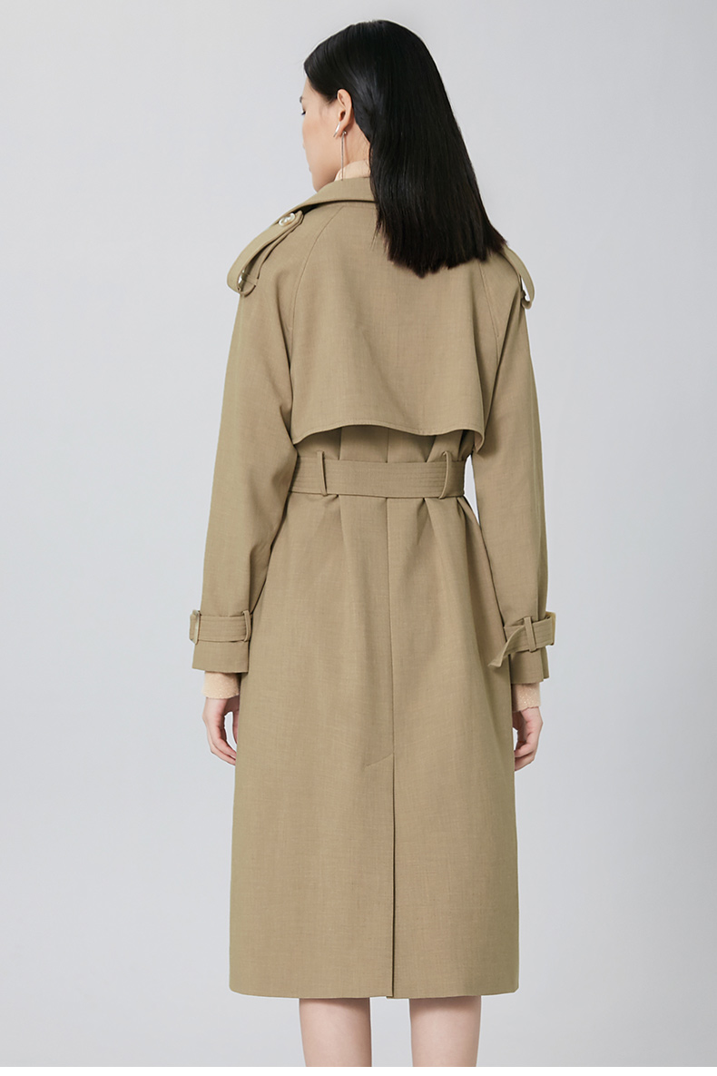 晚白2020冬季新品时尚简约通勤纯色翻领长袖修身系带长风衣外套女