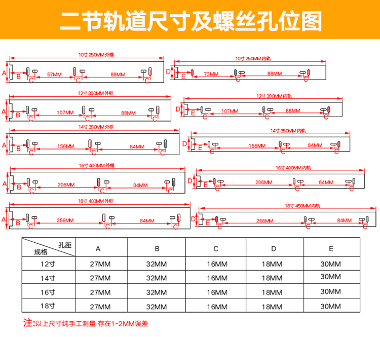 抽屉滑轨尺寸对照表图片