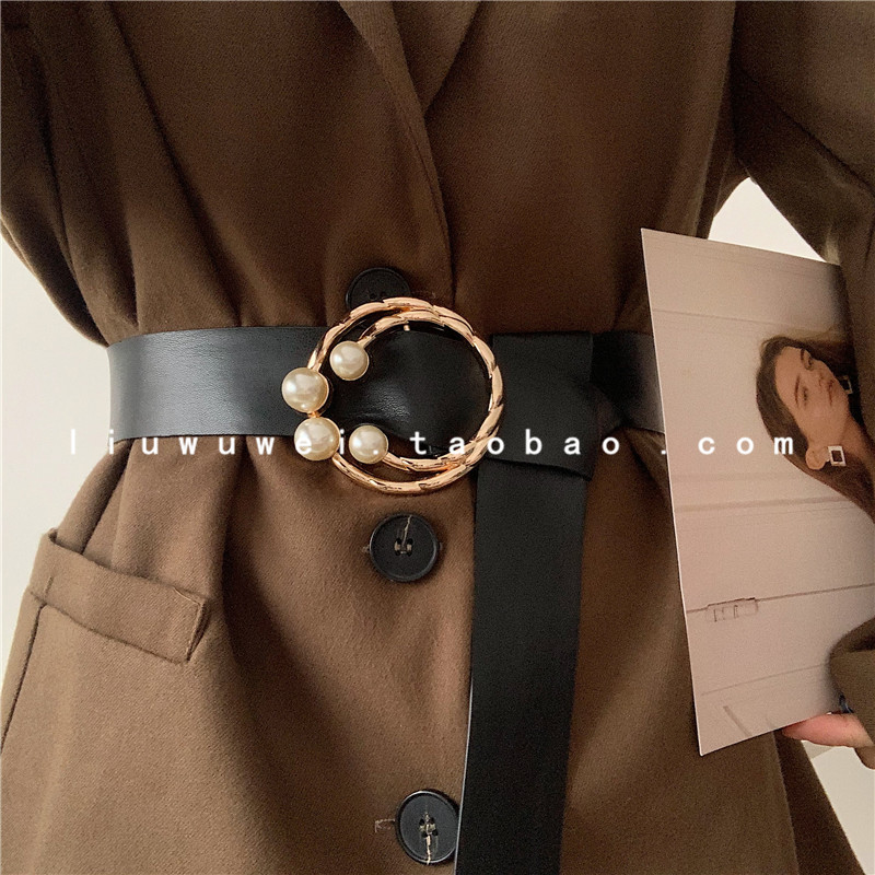 珍珠软皮打结腰带女时尚束腰配连衣裙子毛衣装饰韩版百搭外穿腰封黑色