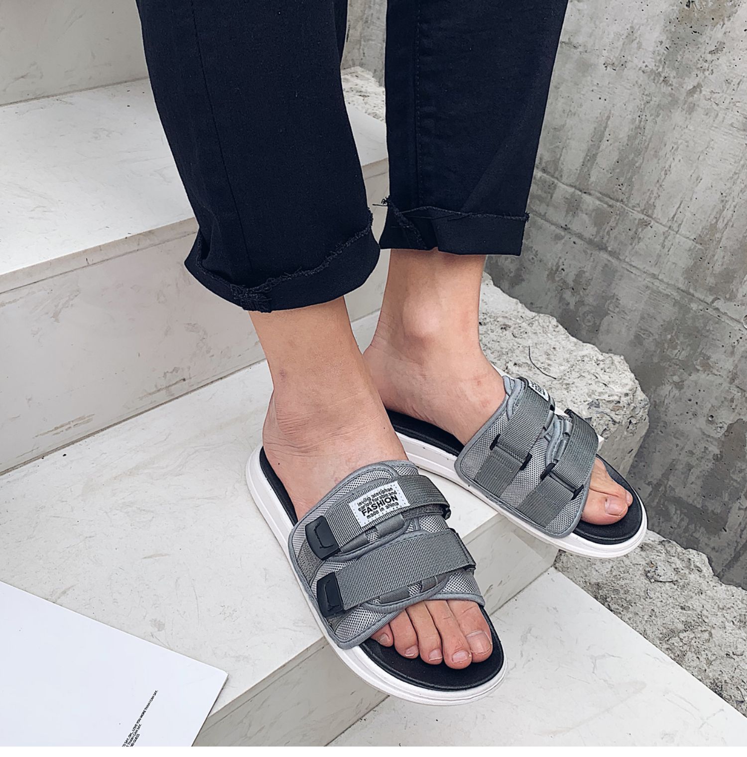 2019新款网红拖鞋男时尚外穿韩版一字拖情侣室外夏沙滩防滑凉鞋潮灰色