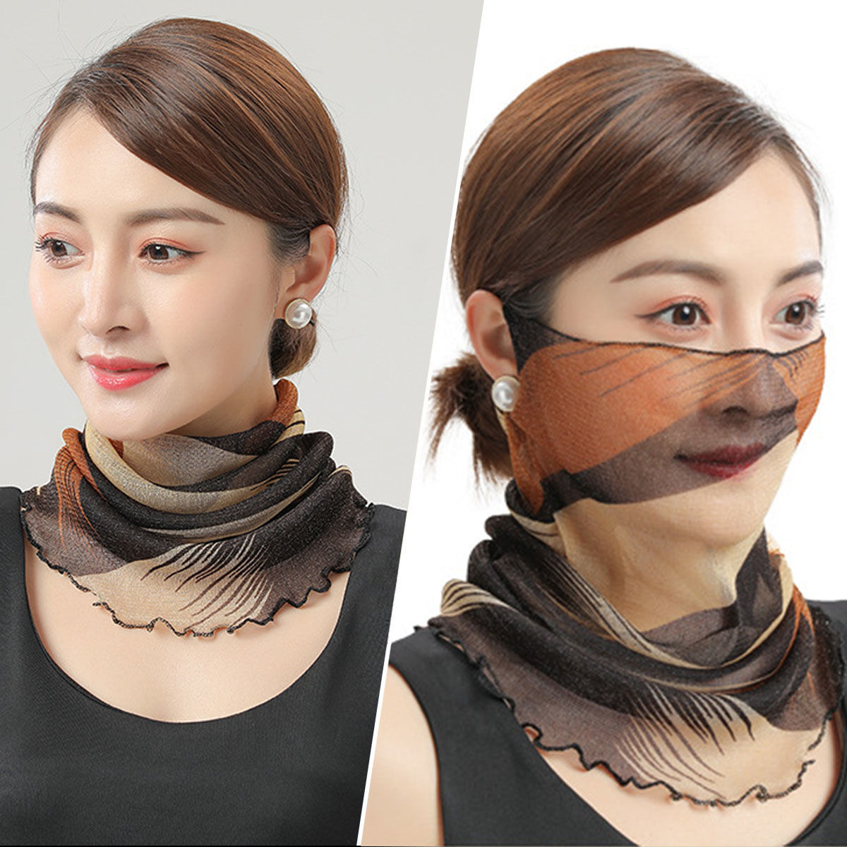 [买1送1]夏季防晒网纱小围脖女脖套护颈丝巾薄款时尚百搭遮脸纱 梅花