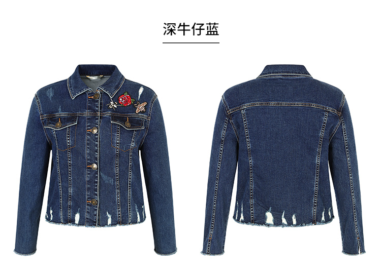 艾莱依2019春新款单排扣破洞牛仔外套女韩版绣花短外套