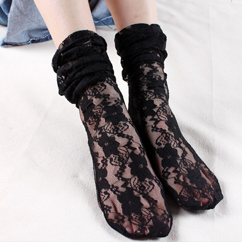 韩国日系蕾丝中筒袜子女森系复古袜韩版堆堆袜日系长筒女袜套靴袜黑色