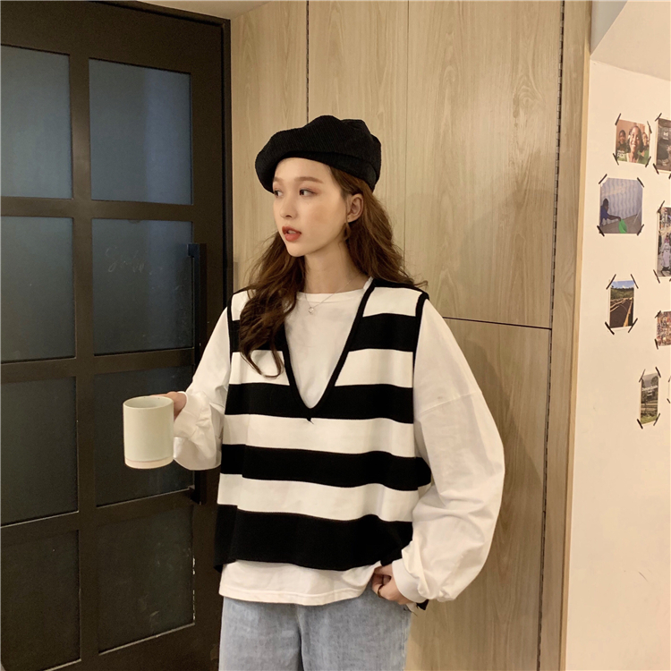 孜牧洋气套装女2019秋装新款宽松v领条纹马甲白色卫衣韩版时尚两件套
