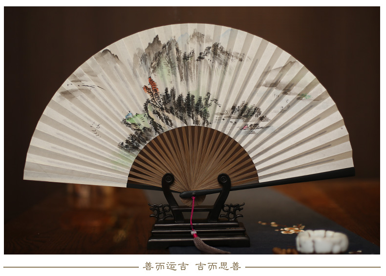 扇子8寸折扇手绘扇中国风宣纸画扇桑皮纸扇男扇出国礼品扇