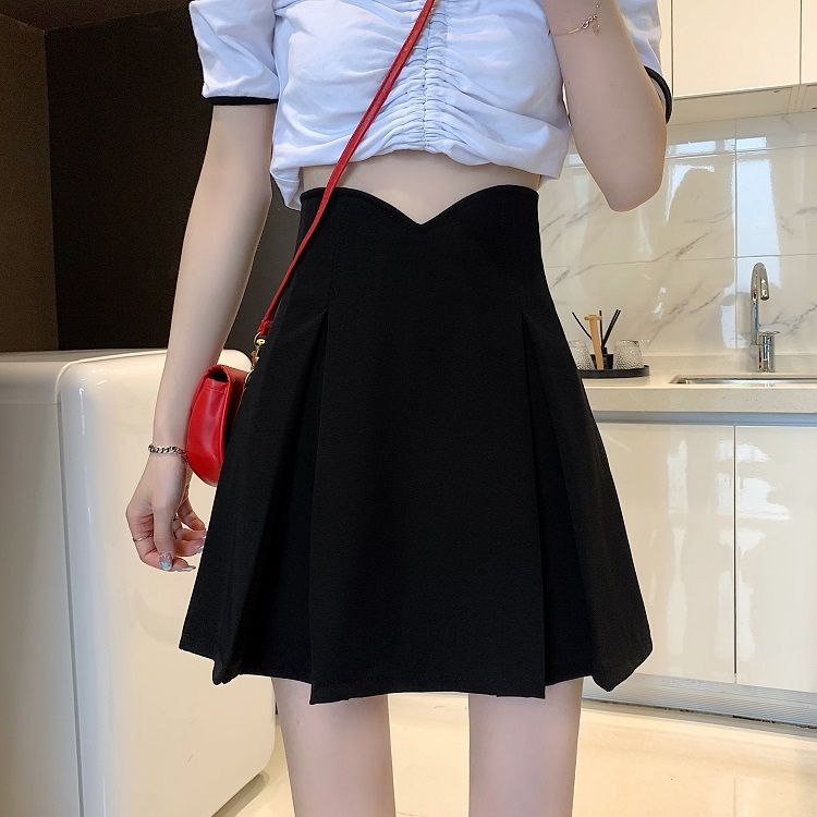 pass2022春夏新款胖mm设计感高腰显瘦遮胯黑色a字短裙大码半身裙
