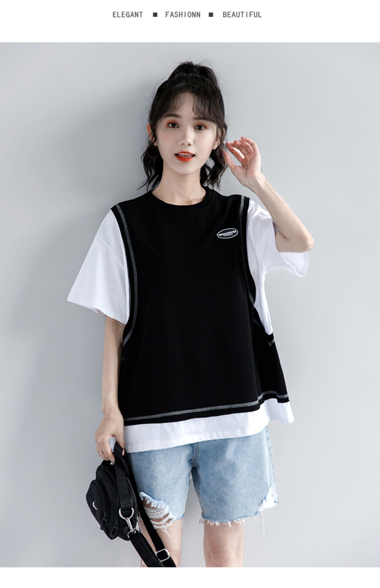 2021夏季新款原宿拼接撞色假两件短袖t恤女宽松休闲运动棒球上衣黑色s