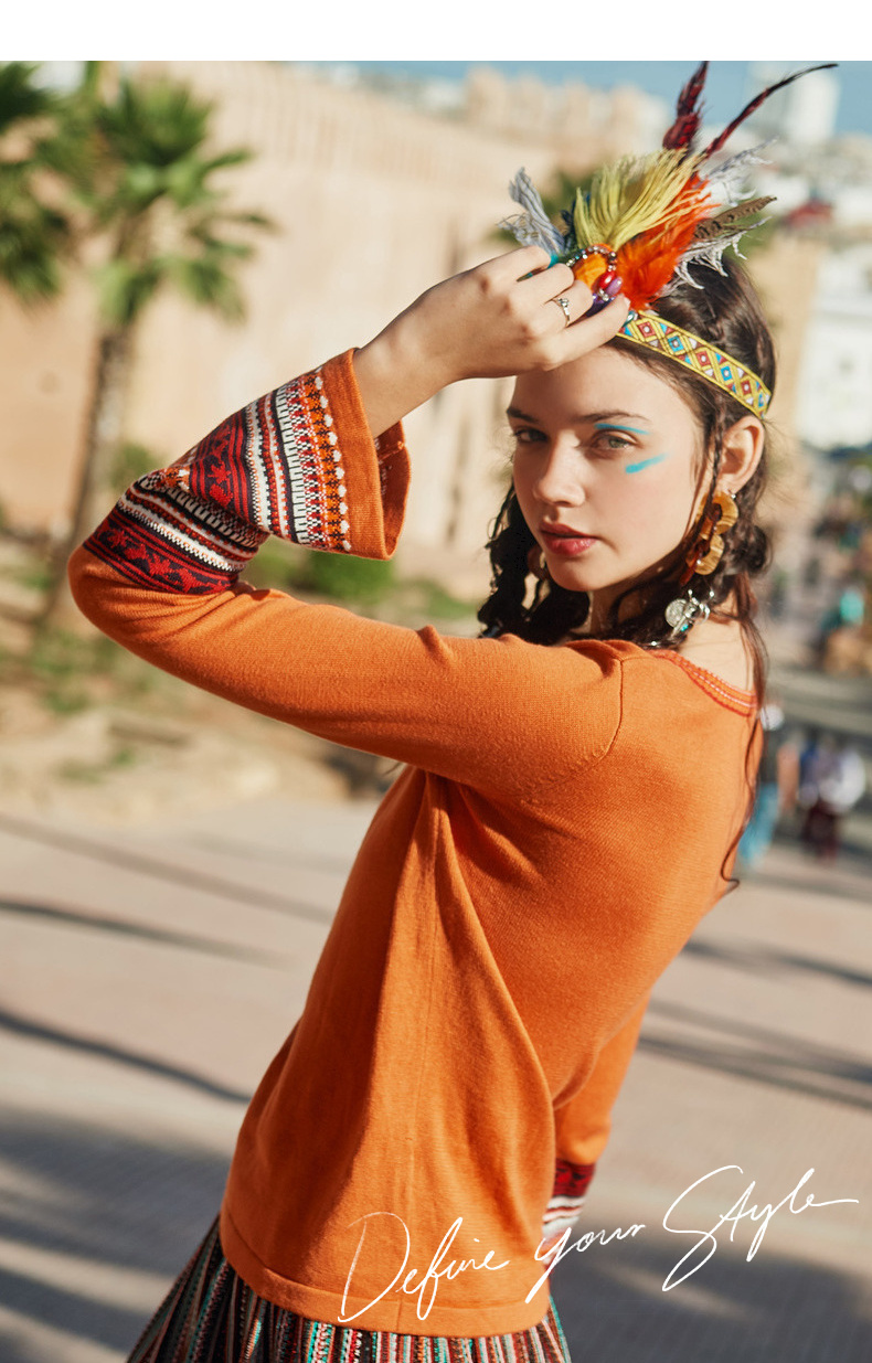 裂帛宽松套头长袖毛衣女2020冬装新款波西米亚风喇叭袖百搭针织衫