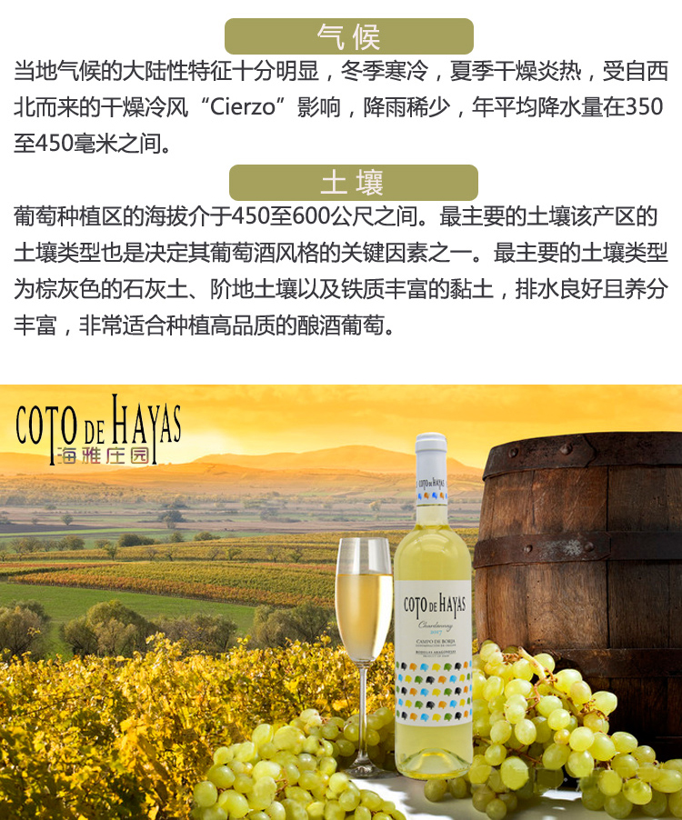 【海雅庄园(coto de hayas)进口葡萄酒】 西班牙海雅庄园干白葡萄酒