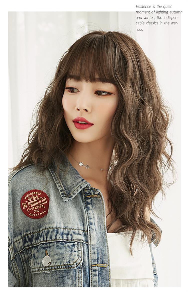 日韩新款羊毛卷假发女长发齐刘海自然蓬松全头套整顶头套黑茶色54cm