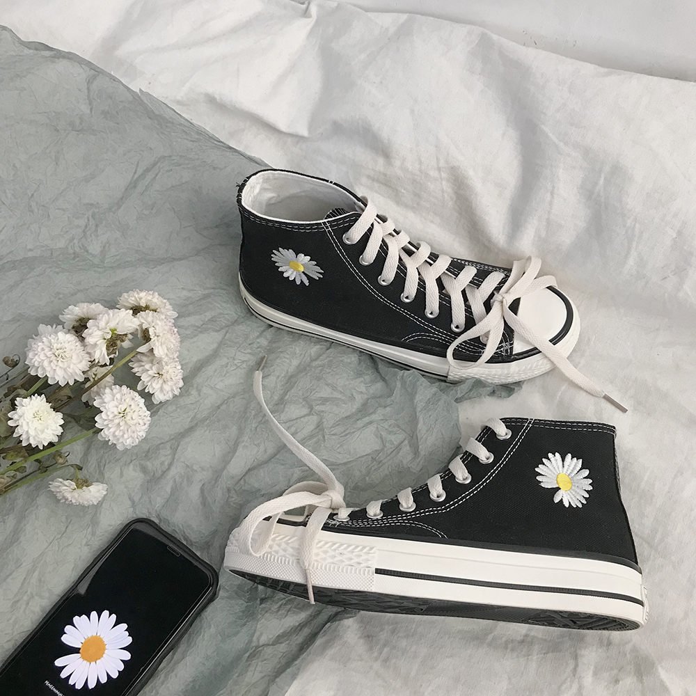 ins网红小雏菊高帮帆布鞋女2020新款潮鞋ulzzang港风百搭板鞋布鞋 语