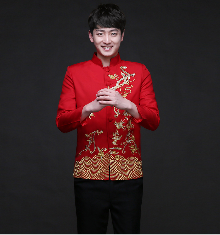 中式礼服男装秋冬古装喜服新郎结婚红色唐装长袖中山装复古