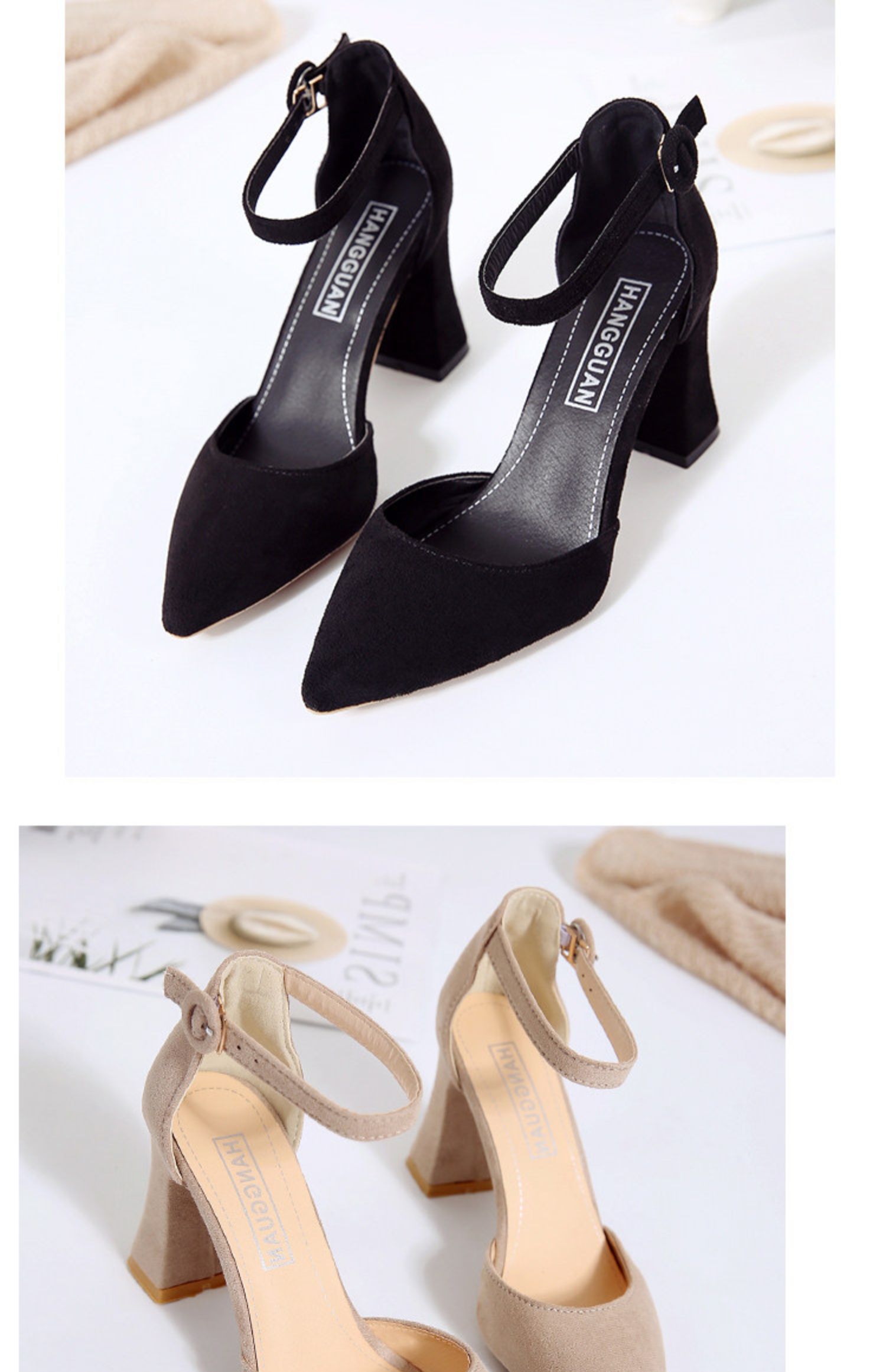 ideamini2021春季新款一字扣带尖头高跟鞋粗跟凉鞋女包头中空绒面韩版