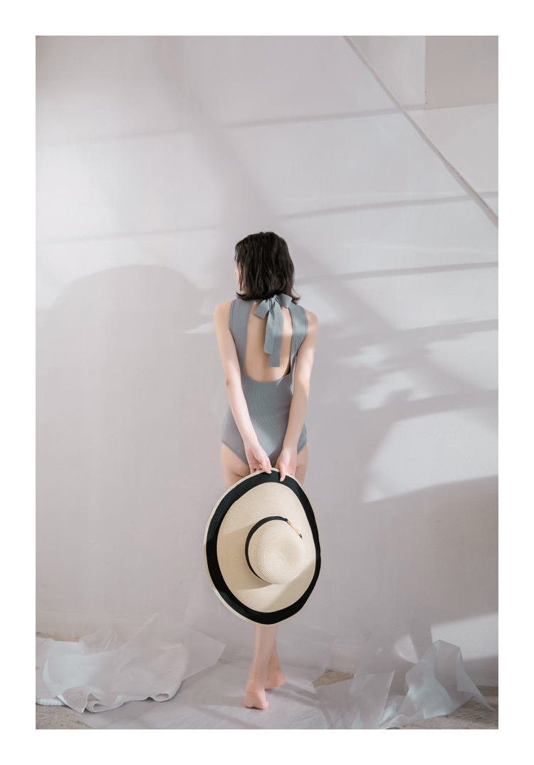 最羽 沐浪新款灰蓝色针织泳衣三角连体露背保守游泳衣女泡温泉