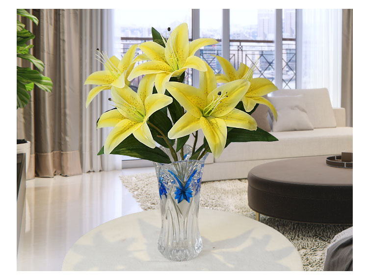 2支粉色五头百合34853白瓶仿真百合花客厅家居茶几装饰塑料假花盆栽