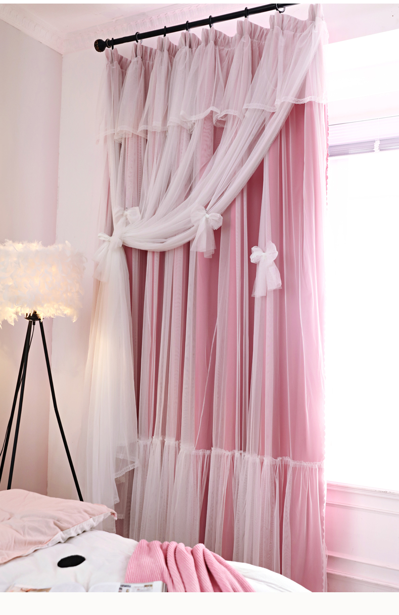 韩式粉色网红窗帘卧室少女心ins公主风成品遮光儿童飘窗双层纱帘 三维