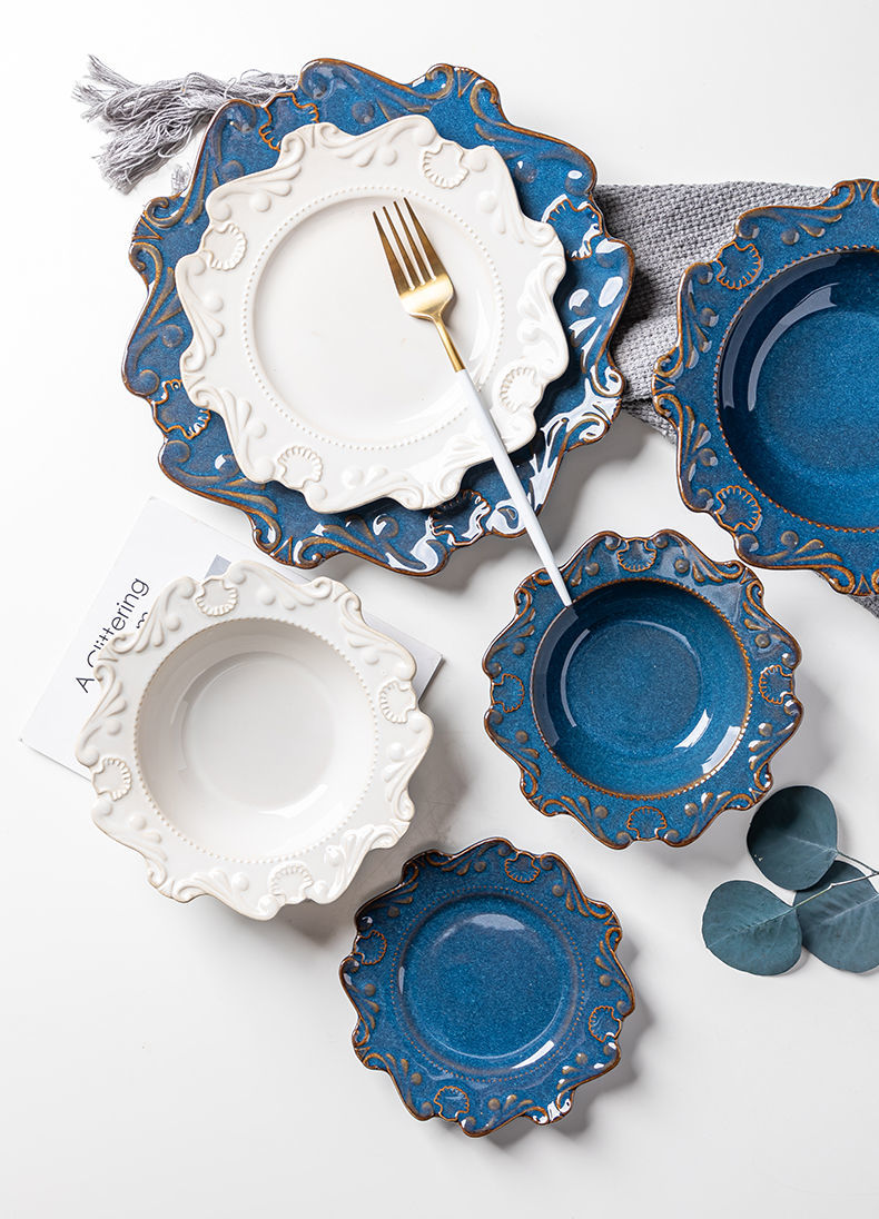 《6寸巴洛克浅盘【窑变白】 欧式西餐盘子牛排餐盘家用陶瓷餐具创意