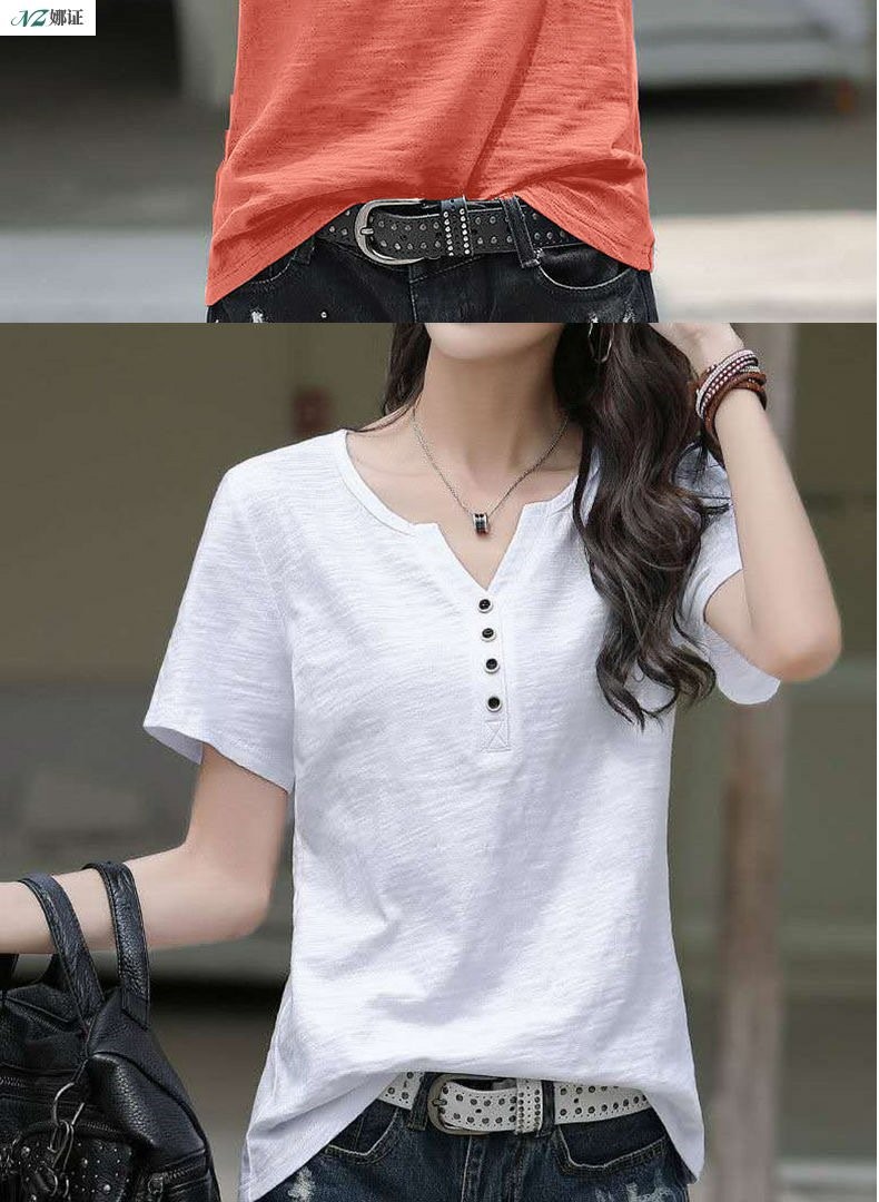 短袖t恤女竹节棉宽松大码女装女士v领体恤衫上衣womenstshirt黑色m