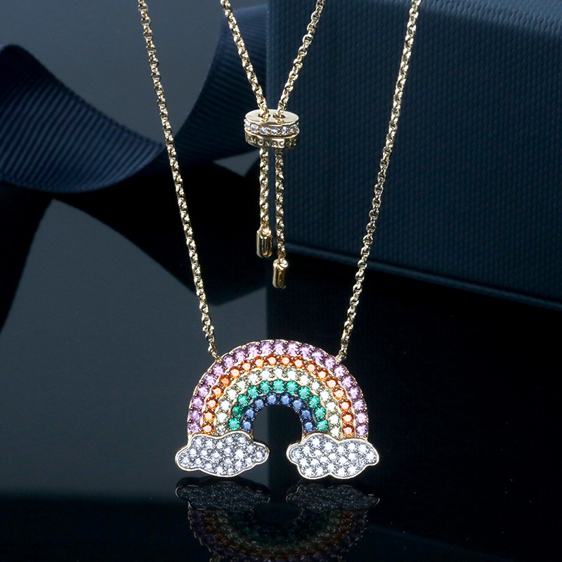 apmmonaco彩虹项链925银吊坠时尚镶晶钻锁骨链颈饰百搭毛衣链可调节ac