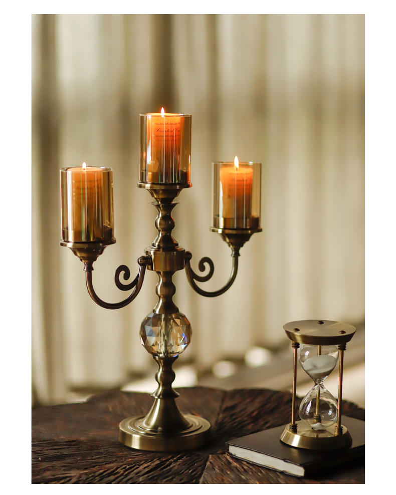 美式古典金属玻璃三头烛台欧式样板房复古客厅餐桌玄关装饰摆件