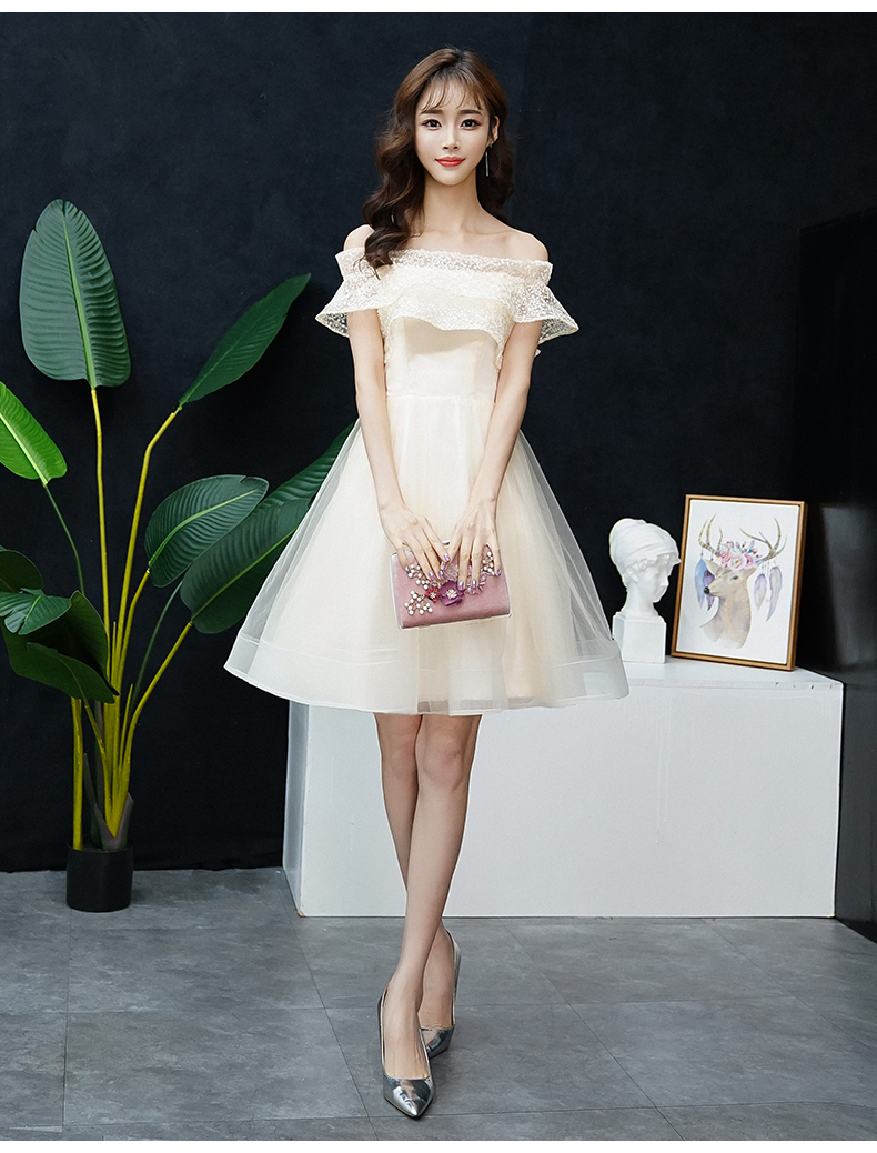 派对小礼服平时可穿简约仙女系一字肩宴会香槟色伴娘服仙气质短款