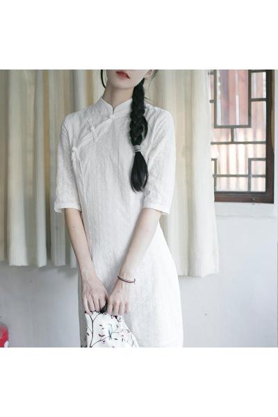 YIBUSHENG改良版旗袍日常可穿白色茶服小个子棉麻修身连衣裙春装年轻少女夏