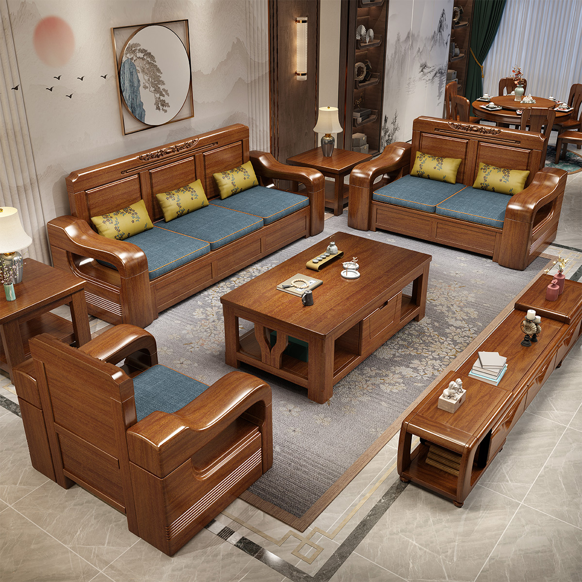 木格尚品现代中式实木沙发简约小户型实木转角贵妃储物胡桃木整装木质