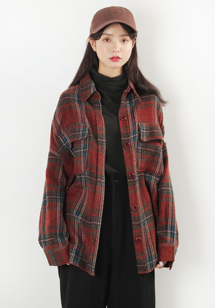 赫宿羊毛格子衬衫外套女2019秋冬新宽松bf风复古加厚格纹长袖衬衣