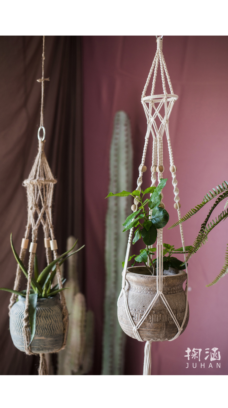 美帮汇手工艺术棉绳麻绳吊篮网兜花篮壁挂垂吊花器花盆悬挂创意g款