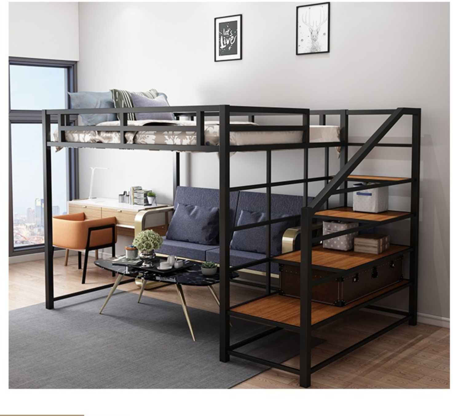 三维工匠高架床上床下桌小户型铁艺双人床单身公寓床高低床简约宿舍多