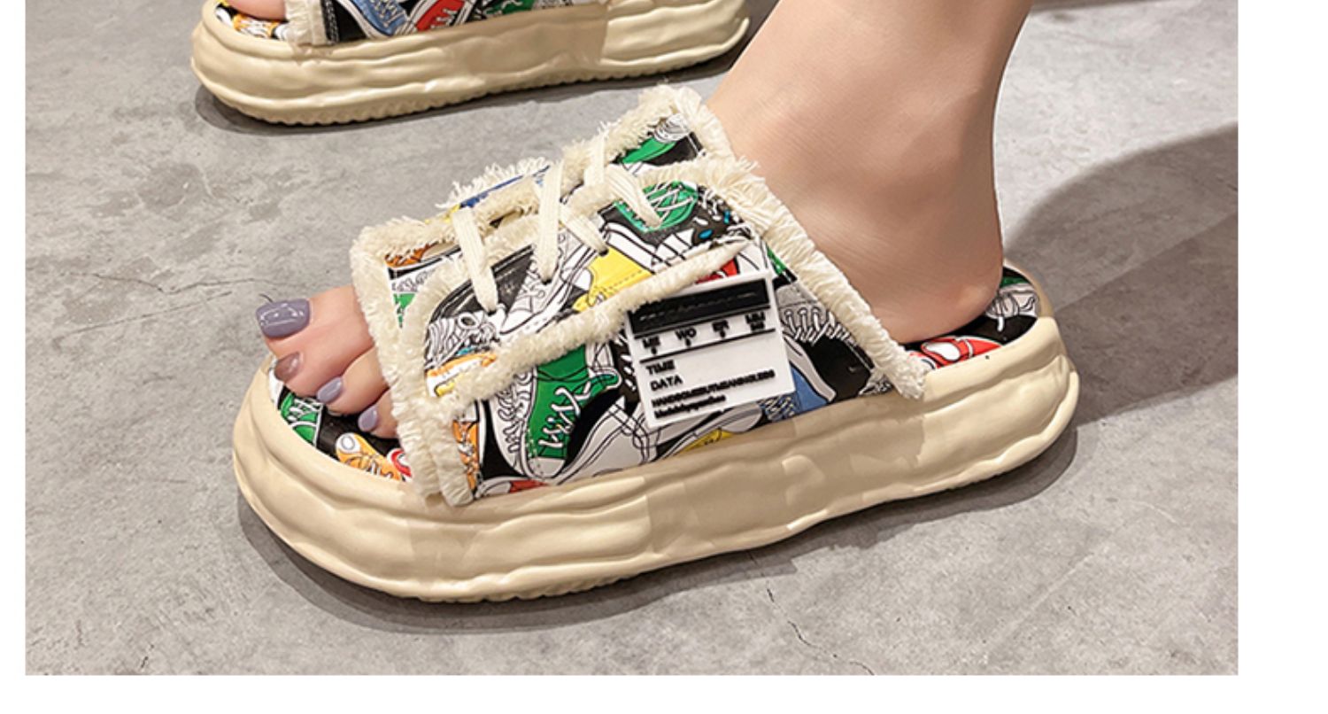 乞丐帆布鞋拖鞋女夏外穿时尚2021新款涂鸦溶解半拖厚底外出凉拖鞋白色
