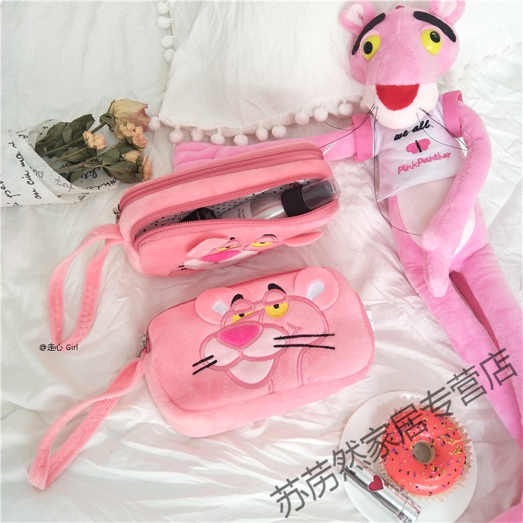 超级新品 可爱少女心粉粉嫩嫩粉红豹顽皮豹双层毛绒化妆包笔袋收纳包