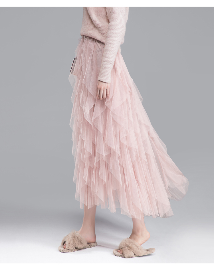 丝柏舍秋装女2019纯色淑女收腰网纱中长款半身裙s83t4224b