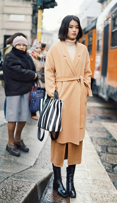 茵曼冬装新款纯色配腰带宽松双面呢外套大衣女【1884280046】