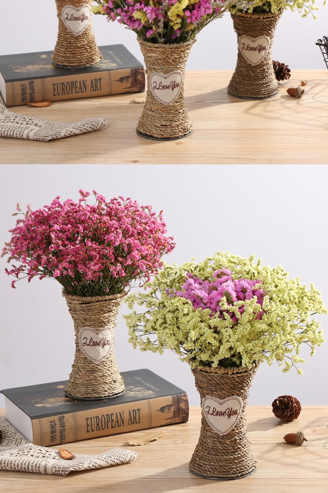 干花花束家居摆设客厅装饰摆件花瓶插花干花带花篮h7紫红色水晶草