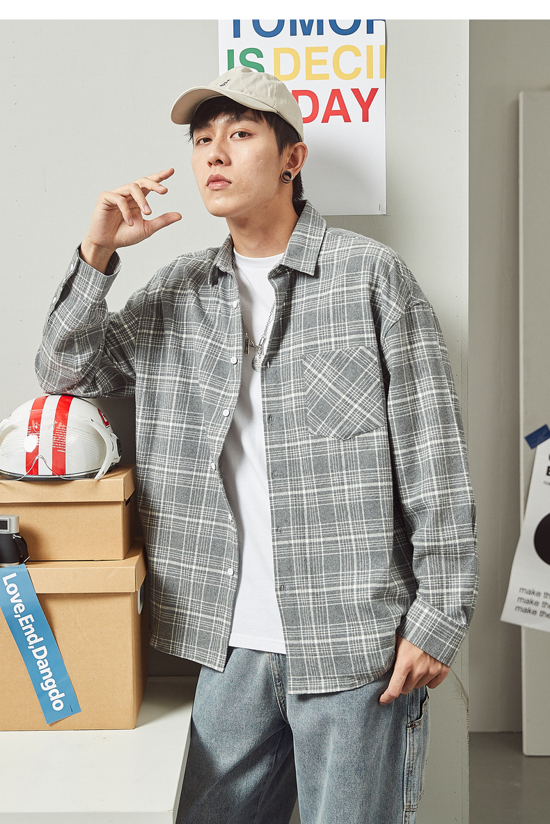 唐狮20秋季格子衬衫男长袖灰色港风日系内搭衬衣宽松学生休闲寸衫