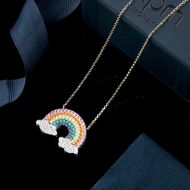 apmmonaco彩虹项链925银吊坠时尚镶晶钻锁骨链颈饰百搭毛衣链可调节ac