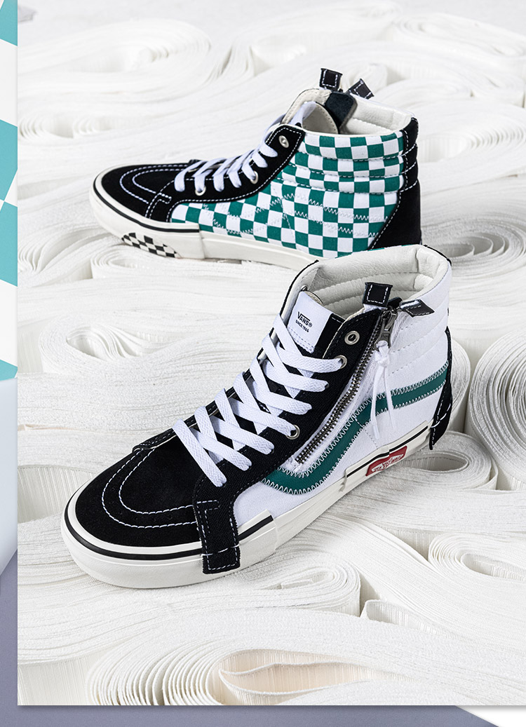 vans范斯白绿棋盘格vans解构拉链小香风男鞋女鞋sk8-hi高帮板鞋vn0a3