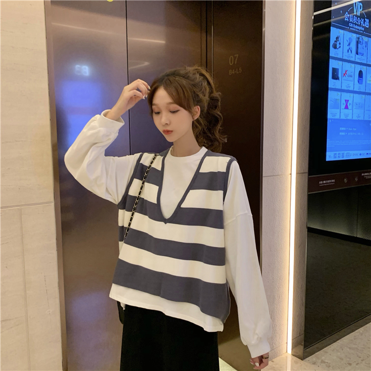 孜牧洋气套装女2019秋装新款宽松v领条纹马甲白色卫衣韩版时尚两件套