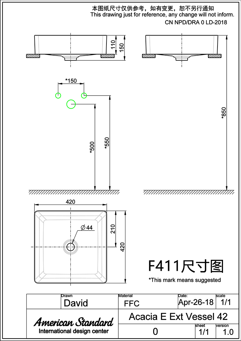 美标(american standard)洗面盆 美标卫浴 舒薄丽f412/f411方形卫生间