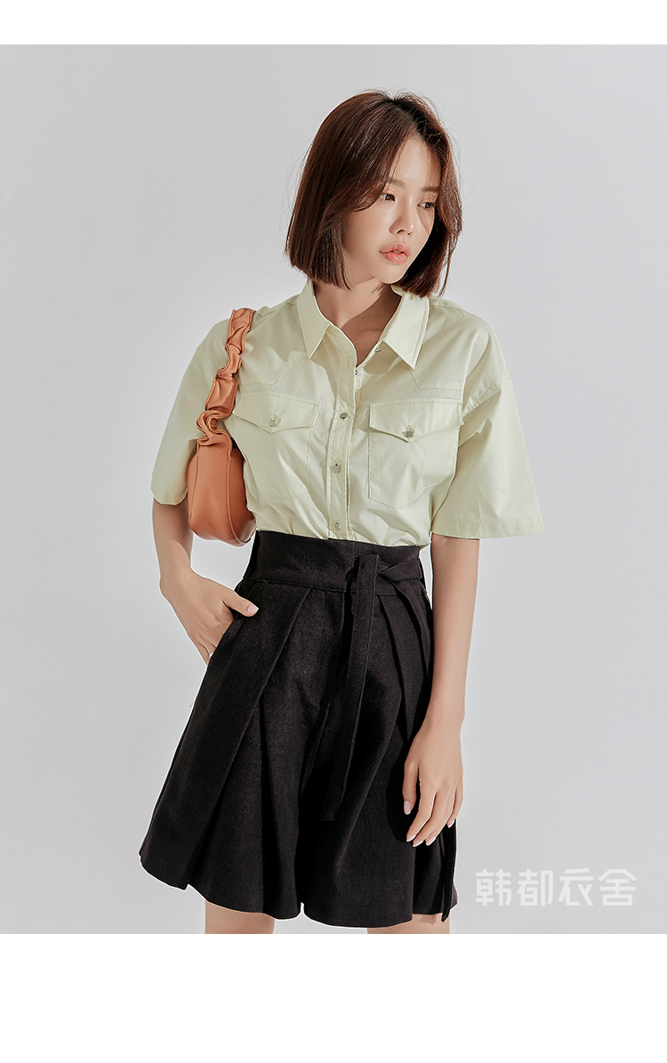 韩都衣舍2020女装夏装新款潮衬衣复古设计感开衫纯色衬衫re7311棽