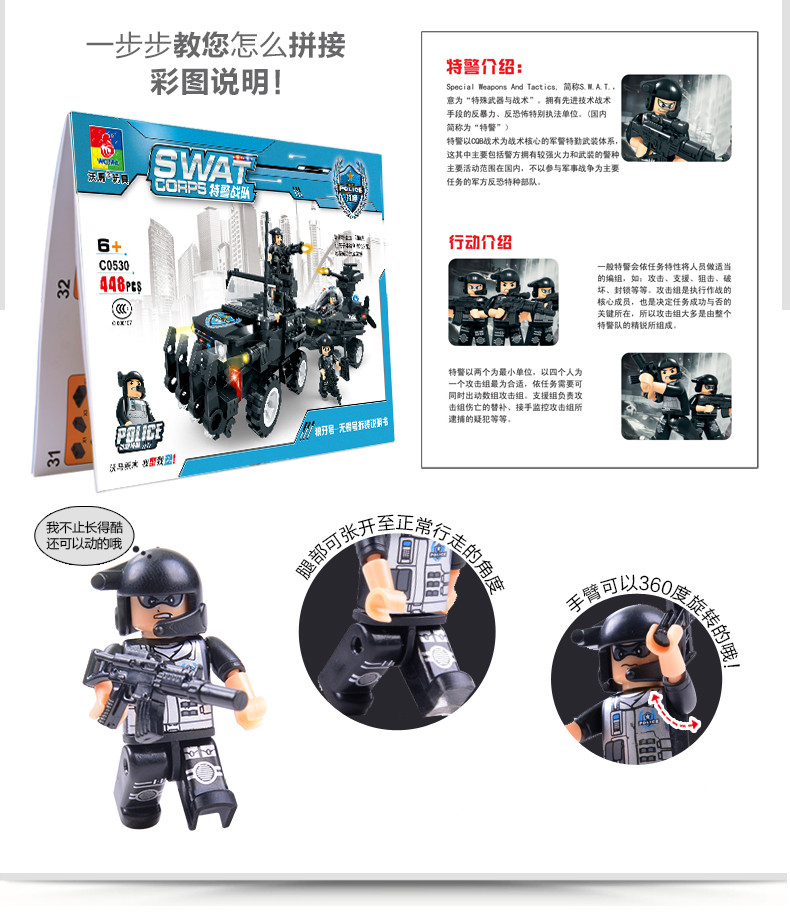 woma沃马积木模型3岁以上儿童益智拼装积木塑料玩具300499块特警战队c