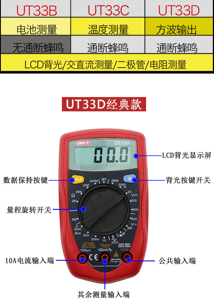 优利德ut33dut33c经典老款数字万用表数显多功能电工高精度表ut33b无