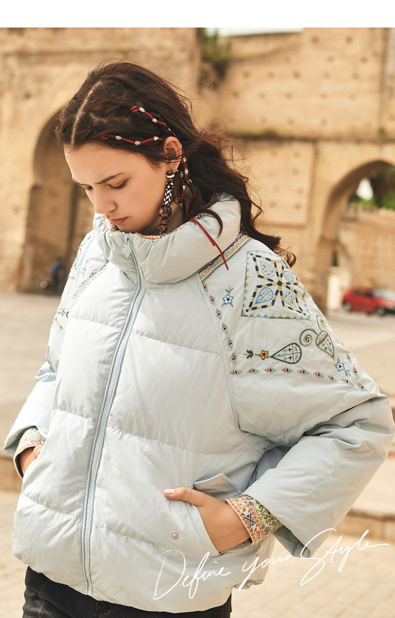 裂帛2020冬季新款清新ins提花罗纹趣味刺绣时尚插肩羽绒服女51190800