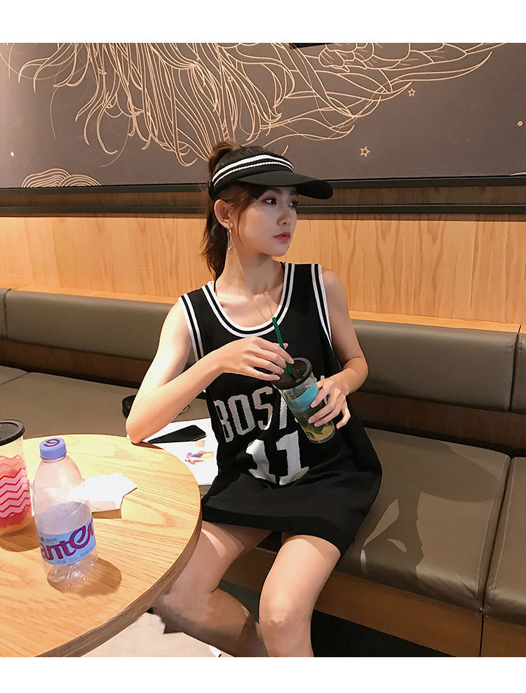 bf风外穿女生篮球服夏季韩版宽松中长款字母背心t恤女ins性感潮流单件